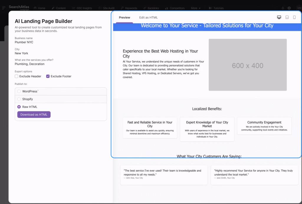 Screenshot of an AI Landing Page Builder. A preview section shows a mockup of a web page for city-specific web hosting services, featuring a header, placeholder image, three service highlights, and a customer testimonial section optimized by Otto SEO.