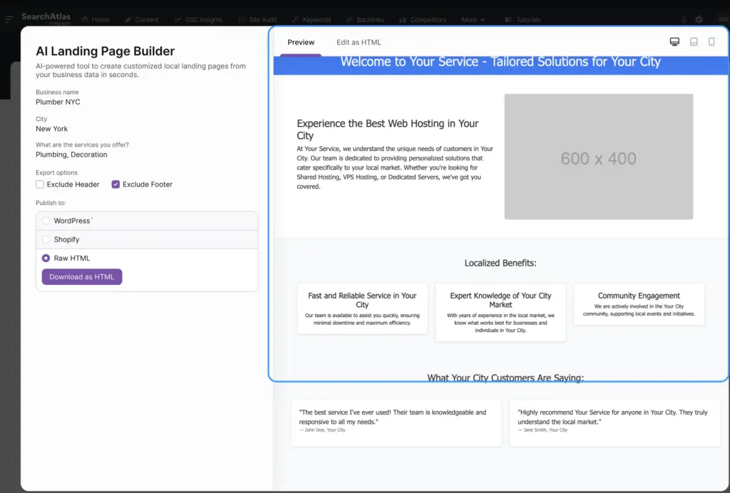 Screenshot of an AI Landing Page Builder tool. The interface displays options for a local business, including preview and editing features. A sample page for web hosting services appears in the preview pane, optimized with Otto SEO tools to enhance online visibility.