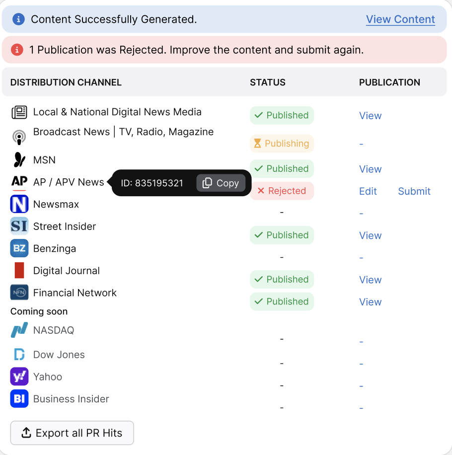 Screenshot of the Otto SEO content distribution dashboard showing publication statuses. Most channels are published, one is rejected, and some are in progress or coming soon. Links for viewing and editing are visible.