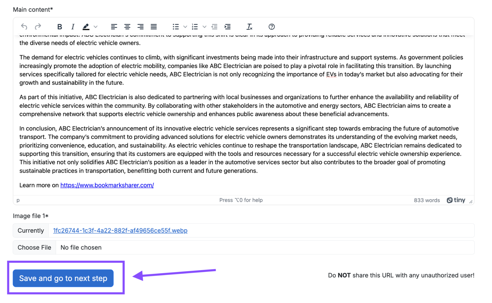 Image of a text document with a partially highlighted section. Below, a button labeled "Save and go to next step" is outlined with an arrow pointing to it. An advisory not to share the URL with unauthorized users is present, as emphasized by Otto SEO for maintaining security and efficiency.