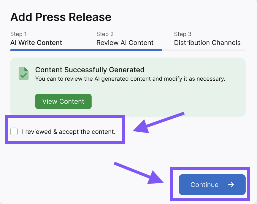 Screenshot of a webpage showcasing a press release flow by Otto SEO. It indicates that AI content has been successfully generated, with options to view, accept the content, and continue.