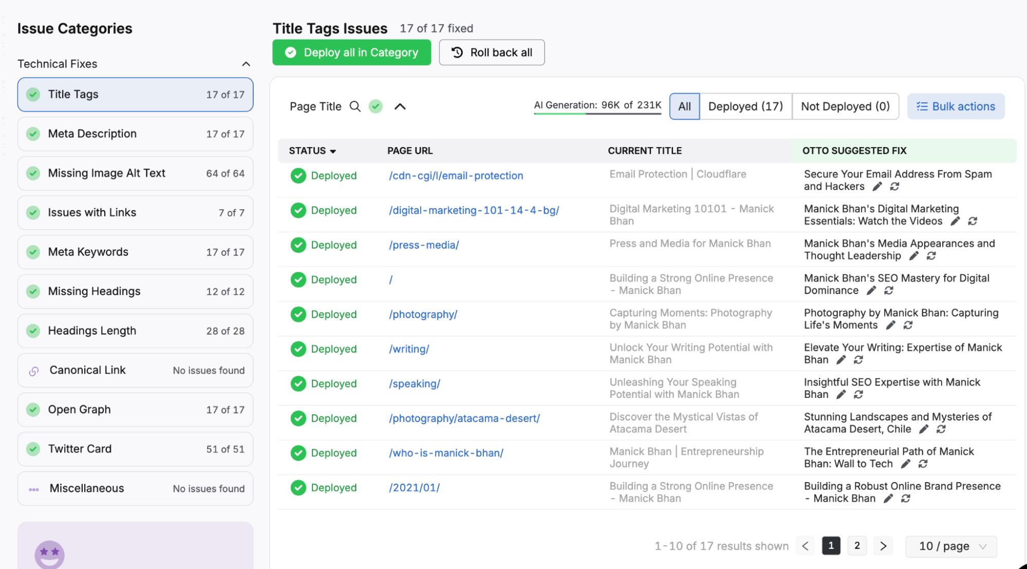 The webpage, powered by Otto SEO, features a dashboard showcasing issue categories related to SEO and metadata. It systematically lists page titles, statuses, and offers tailored suggestions for deployed pages to enhance optimization.