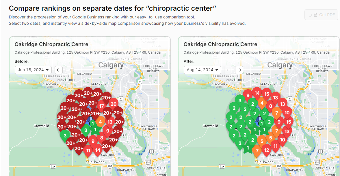 Comparison of Google Business rankings for "chiropractic center" on August 18, 2023, and August 29, 2023, shown on maps with markers indicating rank changes for Oakridge Chiropractic Centre in Calgary. Analysis conducted by Otto SEO reveals significant insights into ranking dynamics.