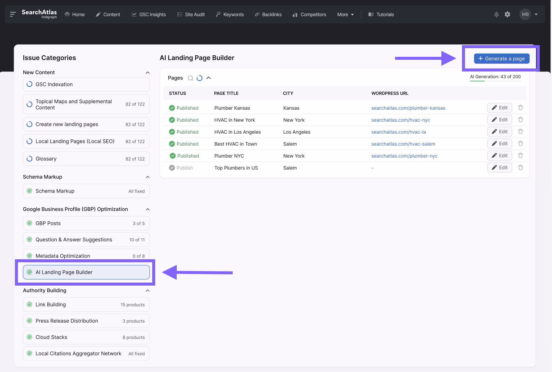 Screenshot of a web interface showing an AI Landing Page Builder section by Otto SEO, with categories and a table listing topics and their statuses. There is a highlighted button labeled "Generate a page" in the upper right corner.