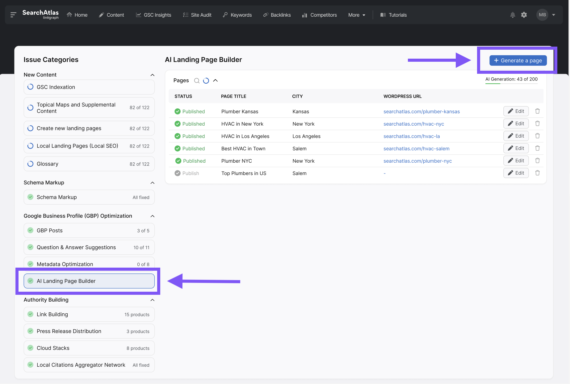 Screenshot of a web interface showing an AI Landing Page Builder section by Otto SEO, with categories and a table listing topics and their statuses. There is a highlighted button labeled "Generate a page" in the upper right corner.