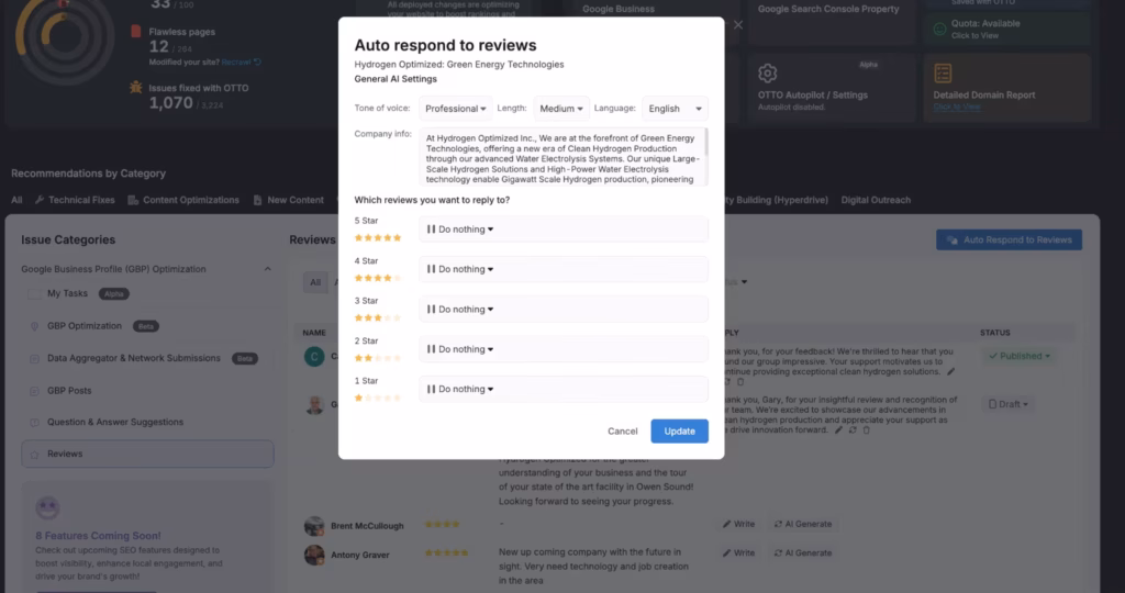 Auto respond to reviews interface with options to select star ratings from 1 to 5, each offering an action like "Do nothing." The background reveals a website with user reviews and settings visible, seamlessly integrating into your Google Business Profile for effective management.
