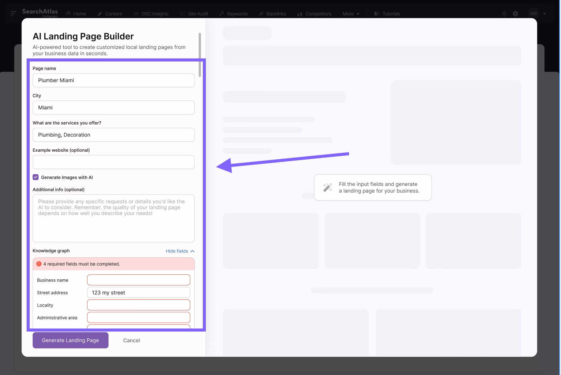 Screenshot of a web interface showing an AI Landing Page Builder section by Otto SEO, with categories and a table listing topics and their statuses. There is a highlighted button labeled "Generate a page" in the upper right corner.