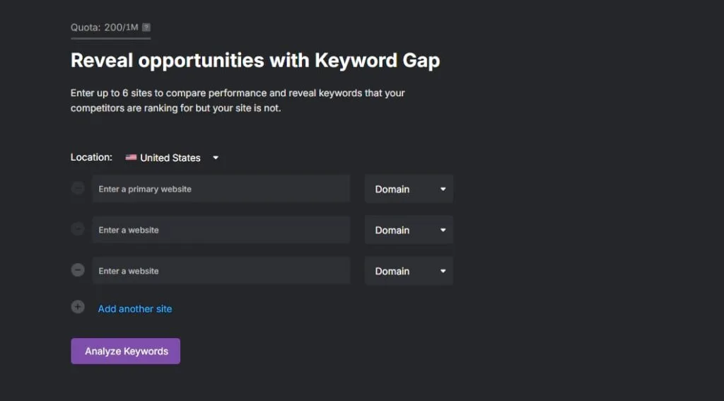 search atlas keyword gap analysis competitor search input