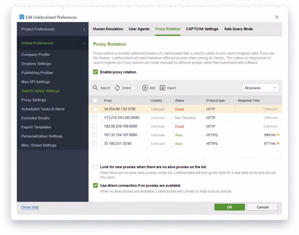 Link Assistant by SEO PowerSuite search safety feature