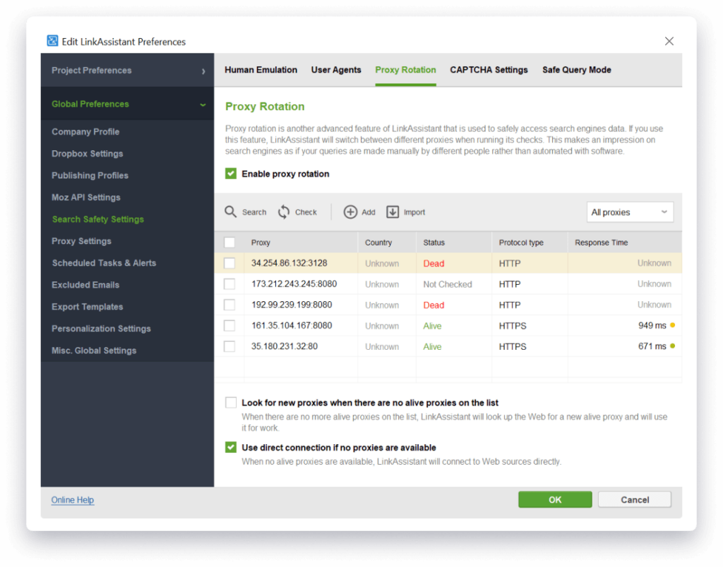 Link Assistant by SEO PowerSuite search safety feature