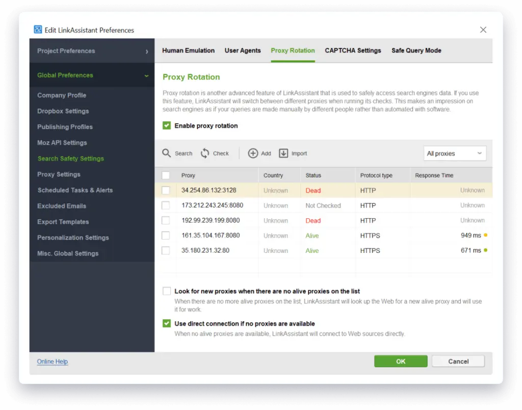 Link Assistant by SEO PowerSuite search safety feature