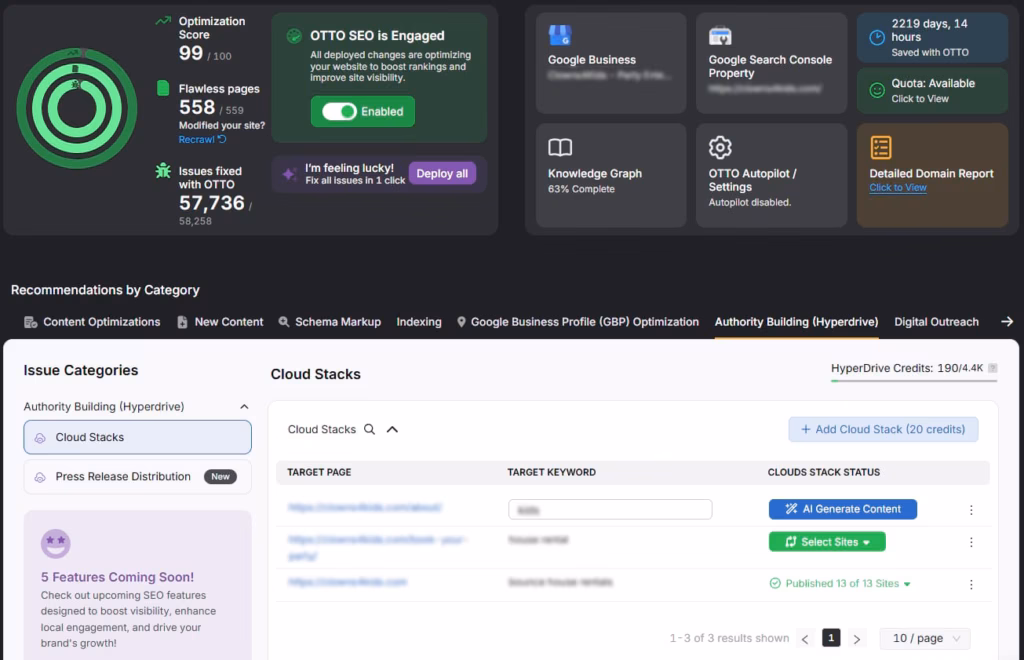 OTTO authority building tab with cloud stacks and PR distribution