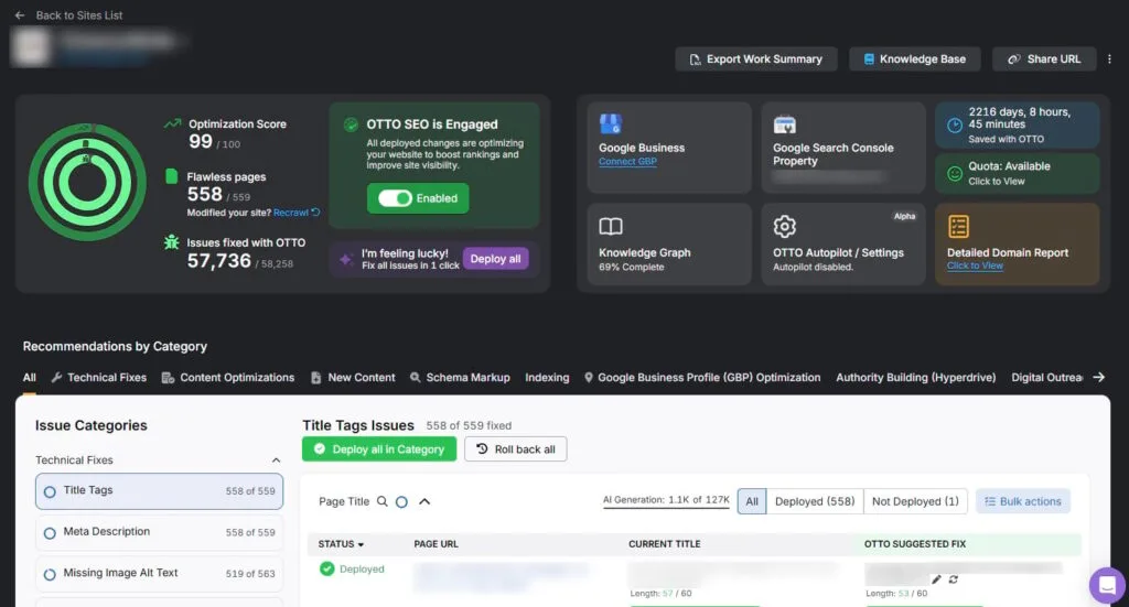 OTTO main dashboard with fully green score