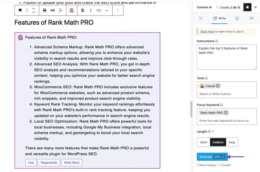 Rank Math AI Generate output in content write mode example