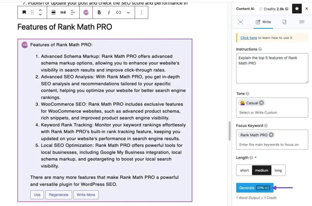 Rank Math AI Generate output in content write mode example