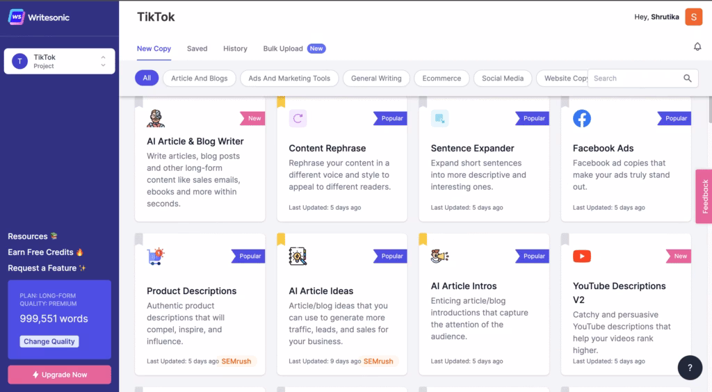Writesonic AI interface example