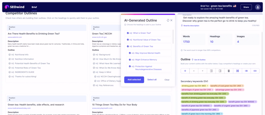 SEOwind Keyword and AI Outline Example