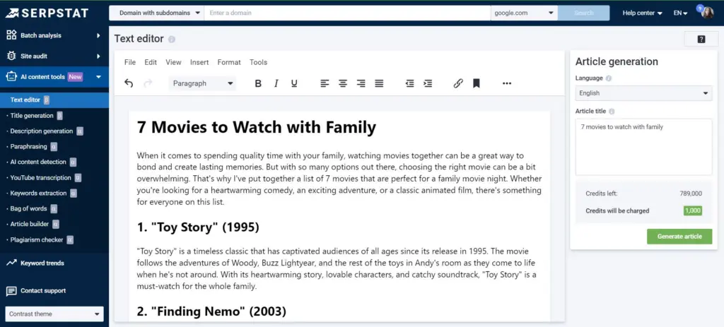 Serpstat text editor 
