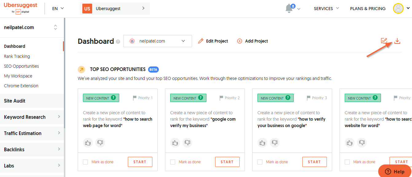 Ubersuggest main dashboard