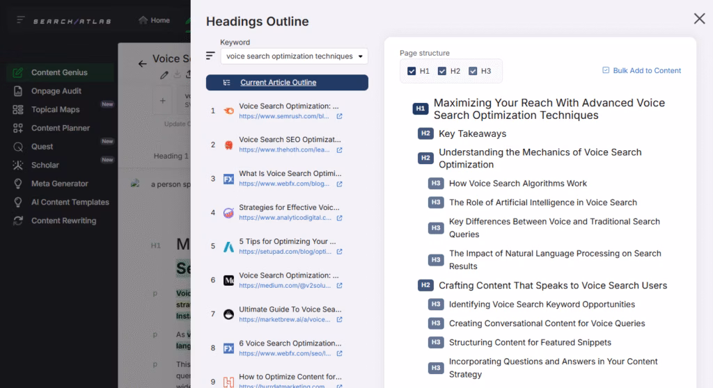 content genius headings outline voice search example Search Atlas