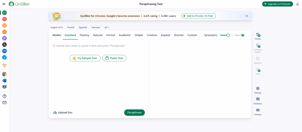 Screenshot of QuillBot AI paraphrasing tool showing text input area, rewriting modes, and synonym slider for rewriting and improving text