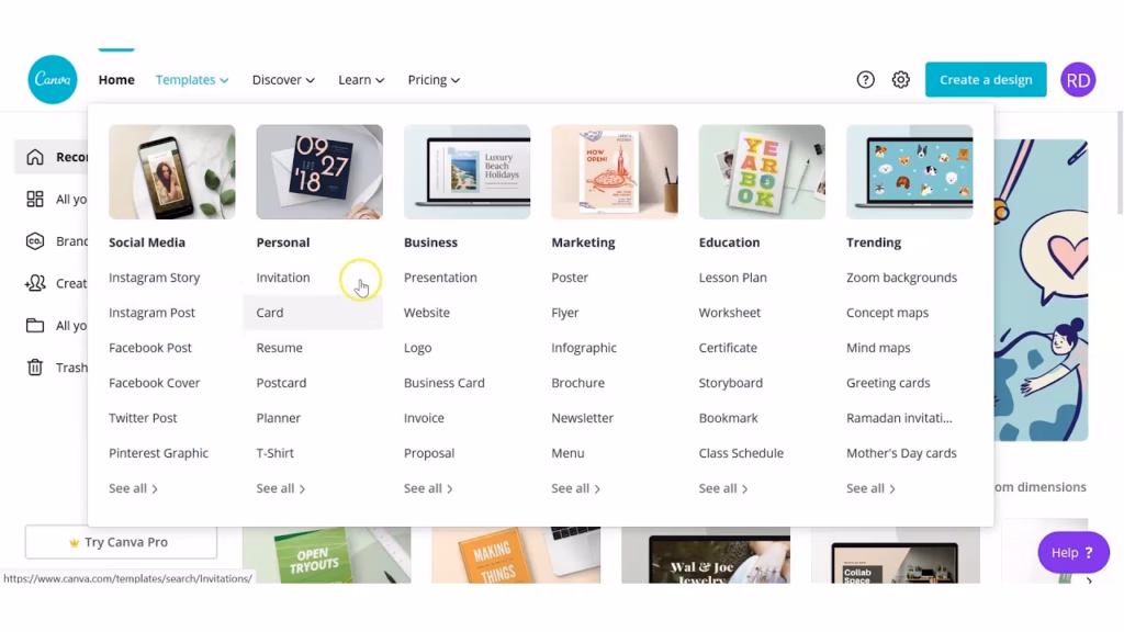 Canva main dashboard