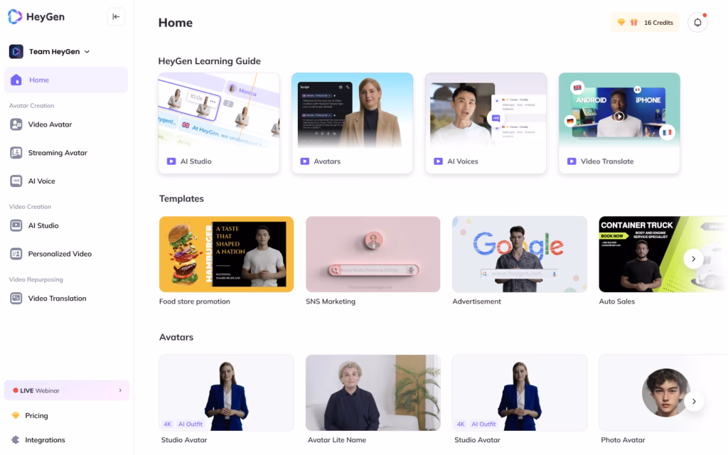 HeyGen main dashboard