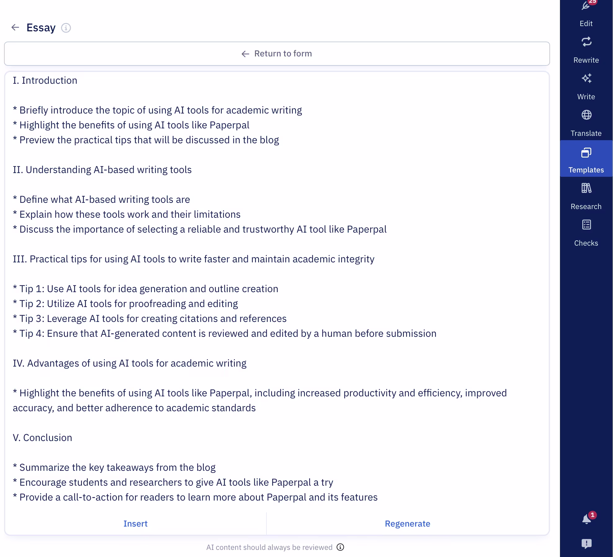 Essay outline showing tips and structure for using AI tools like Paperpal in academic writing