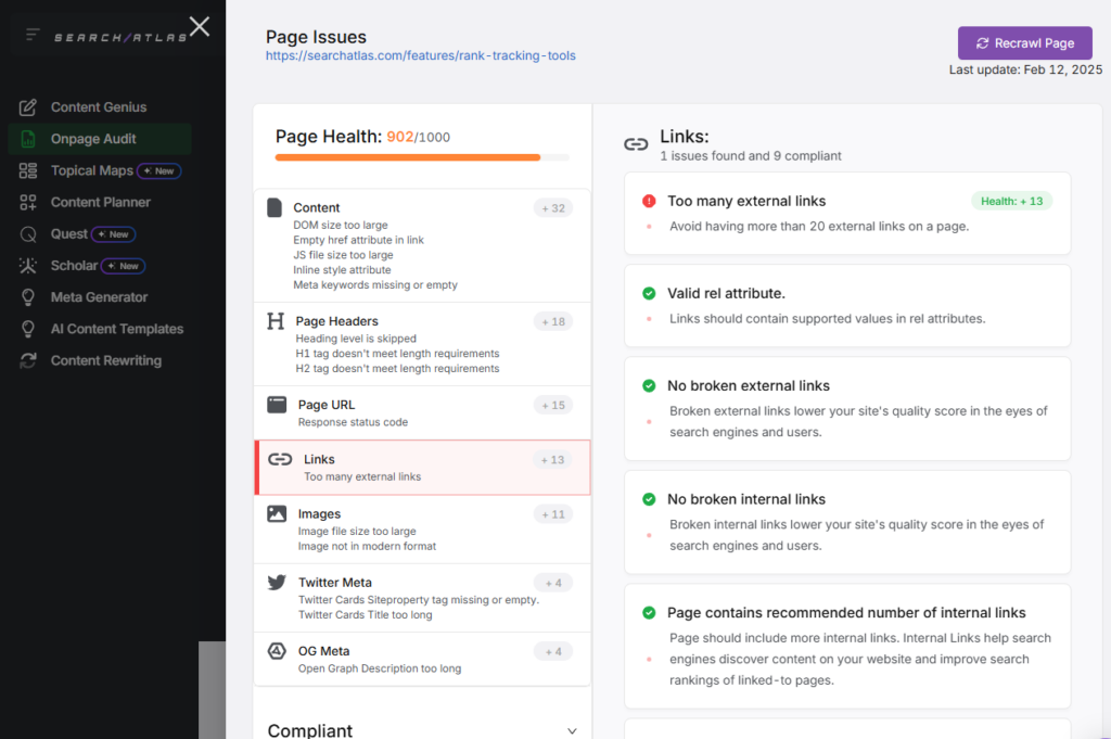 search atlas on page audit links
