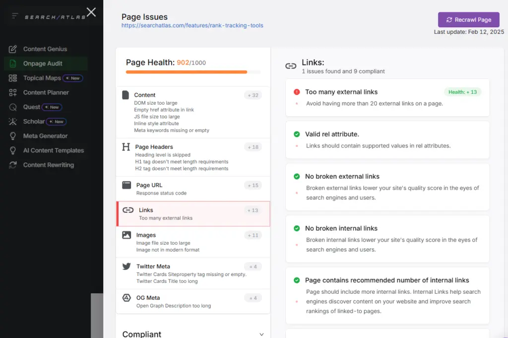 search atlas on page audit links