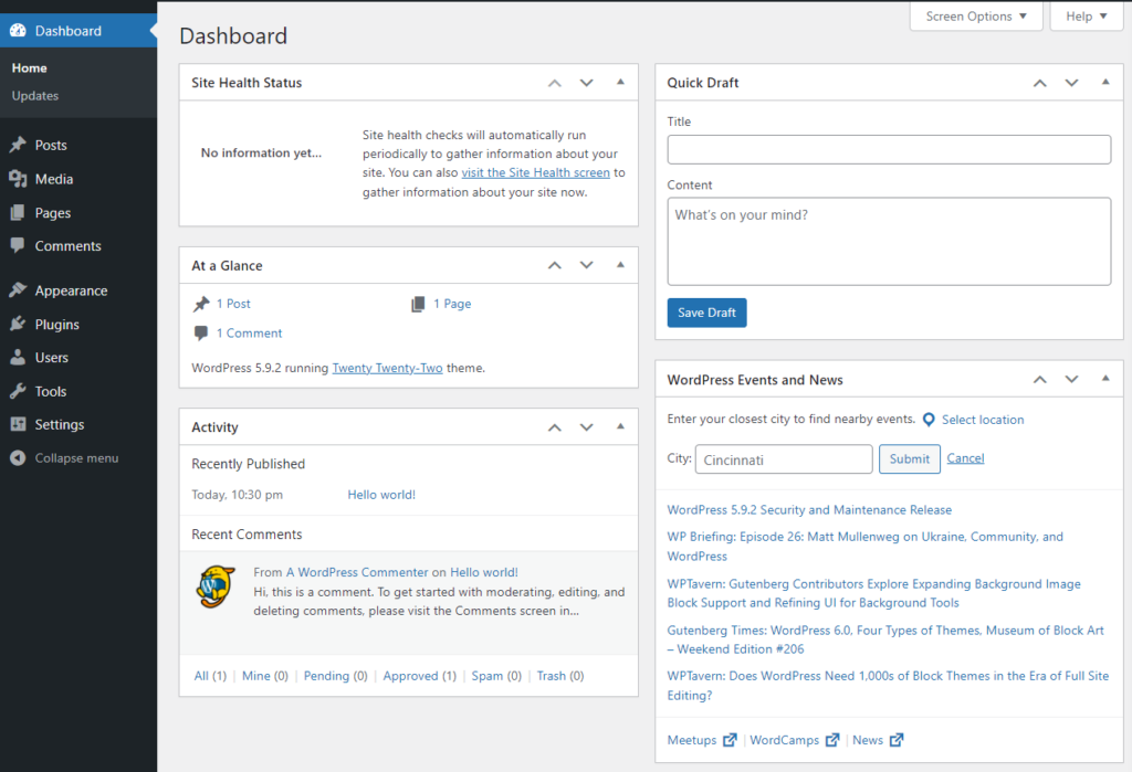 wordpress dashboard screen