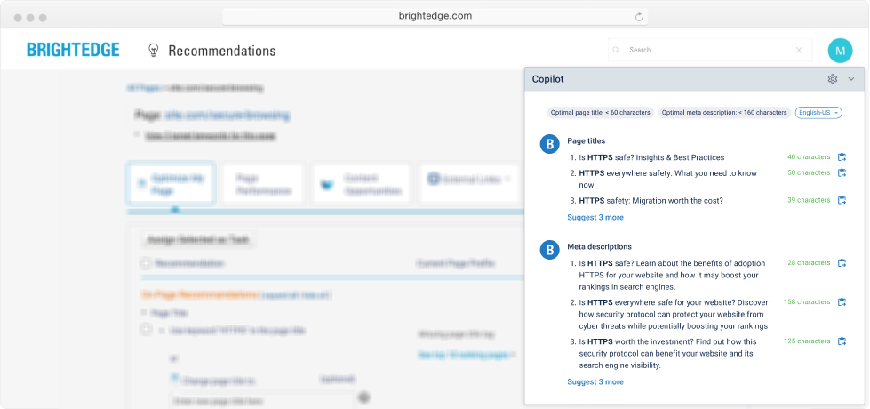 BrightEdge Copilot recommending SEO-friendly page titles and meta descriptions for HTTPS-related content