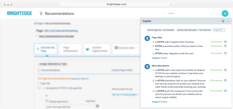 BrightEdge Copilot recommending SEO-friendly page titles and meta descriptions for HTTPS-related content