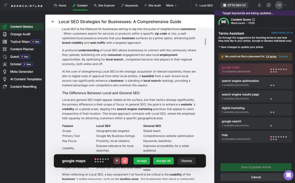Content Genius Terms Assistant in Search Atlas with content score and keyword suggestions