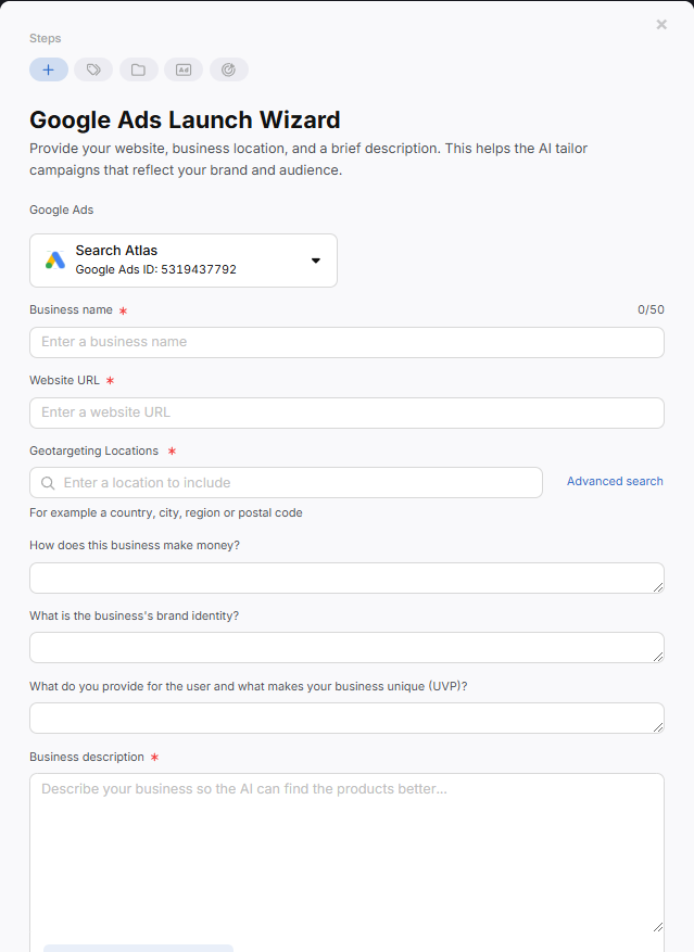 OTTO Google ads launch wizard