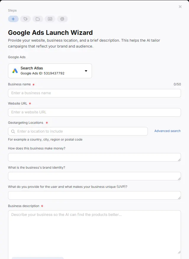OTTO Google ads launch wizard