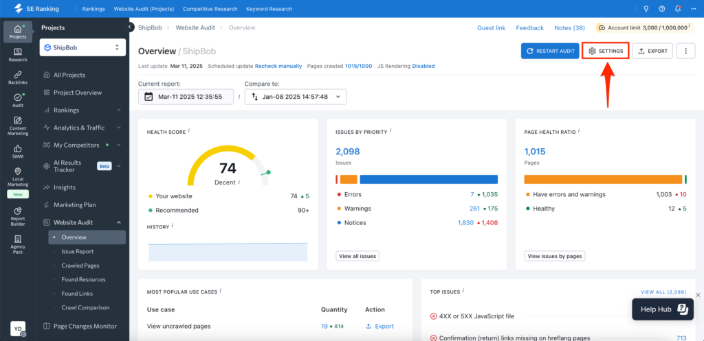 SE Ranking website audit overview showing site health score, issues, and page health ratio.