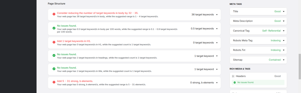 Search Atlas Onpage SEO report showing keyword usage, meta tags, and page structure checks.