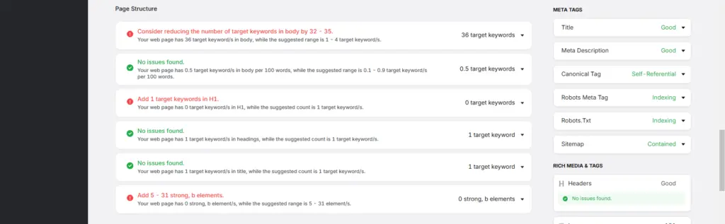 Search Atlas Onpage SEO report showing keyword usage, meta tags, and page structure checks.