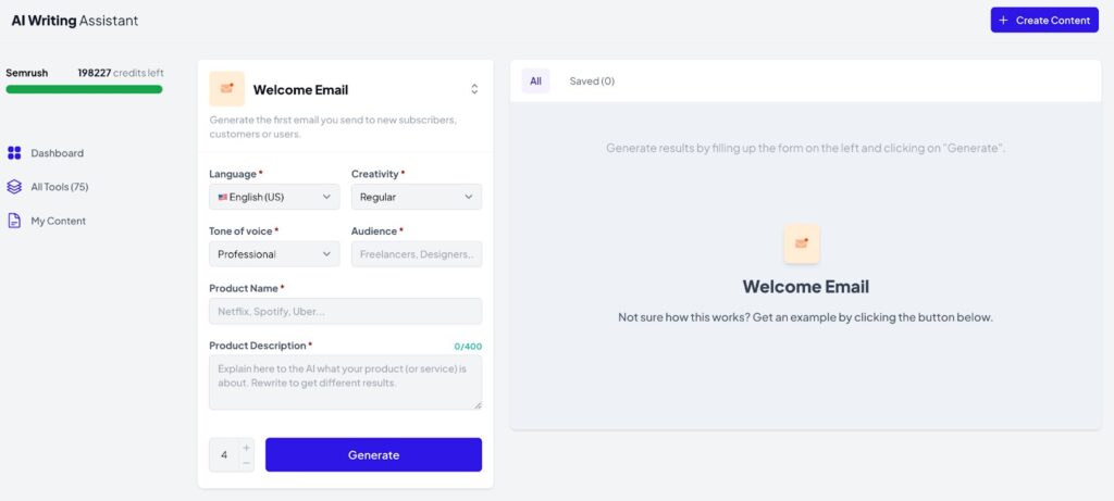 Semrush AI Writing Assistant interface with fields for language, creativity, tone, audience, product name, and description
