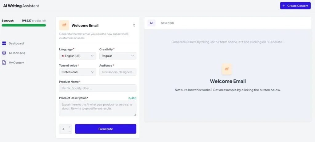 Semrush AI Writing Assistant interface with fields for language, creativity, tone, audience, product name, and description