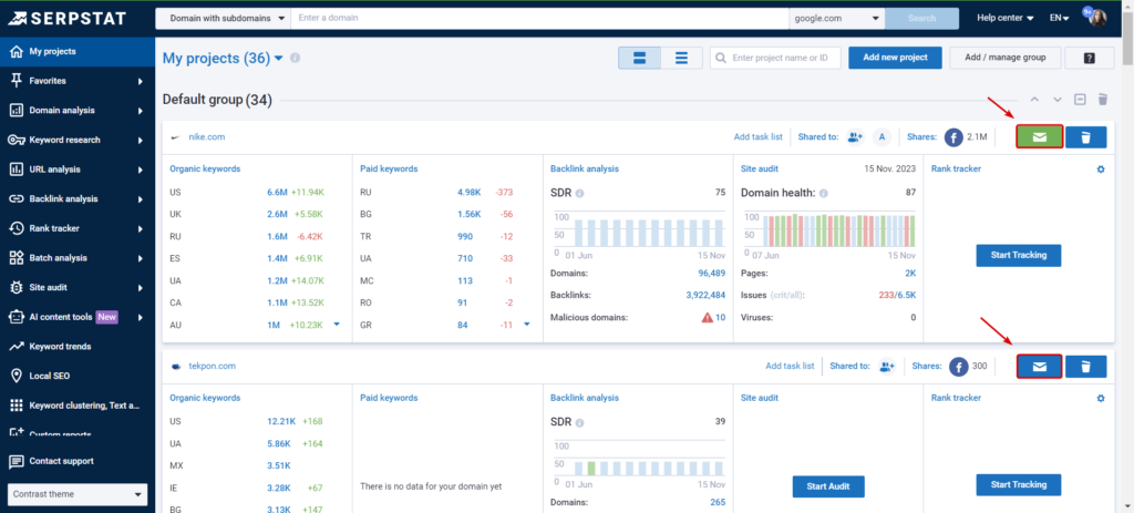 Serpstat Infobase dashboard showing keyword data, backlink analysis, and domain health with email sharing icons highlighted.