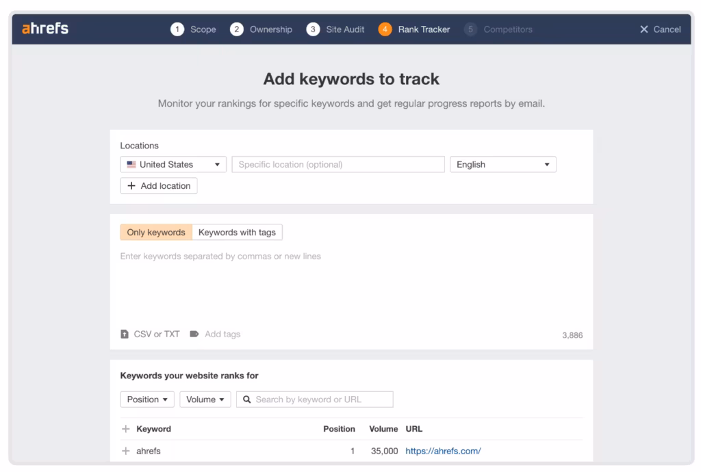 Ahrefs Rank Tracker interface showing how to add keywords to track with location and language options for SEO monitoring