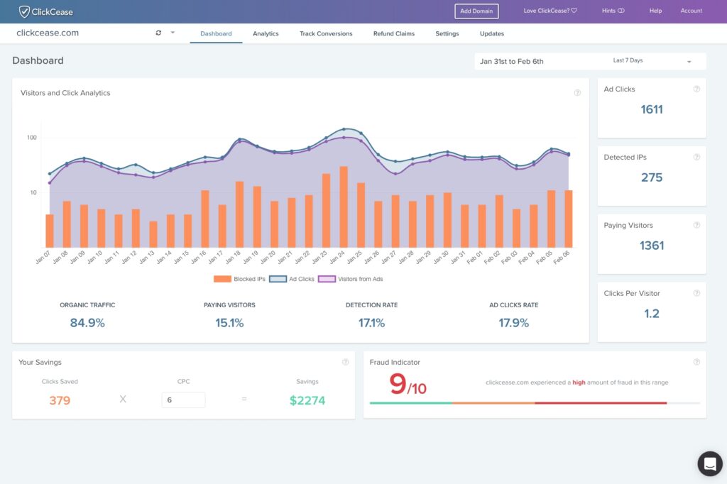 clickcease main dashboard