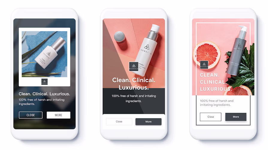 Three mobile ad designs showcasing cosmetic products with the tagline Clean Clinical Luxurious