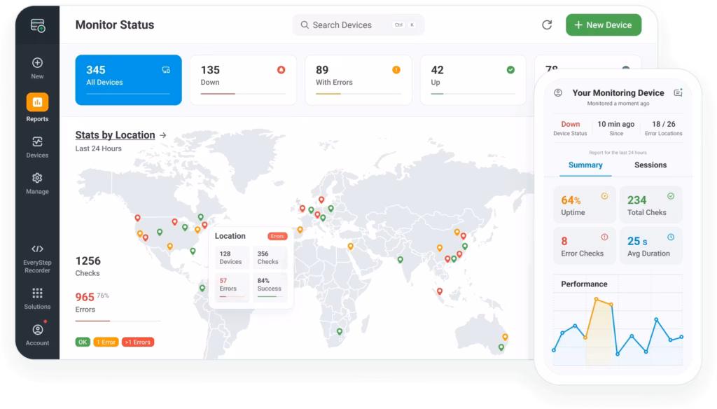 Global monitoring dashboard showing real-time device status by location with uptime, error checks, and performance statistics across regions