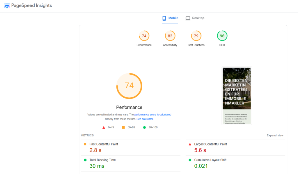 performance score in PageSpeed Insights