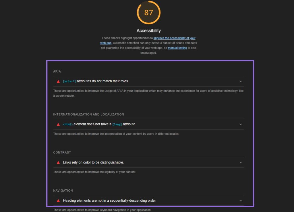 accessibility score in google lighthouse