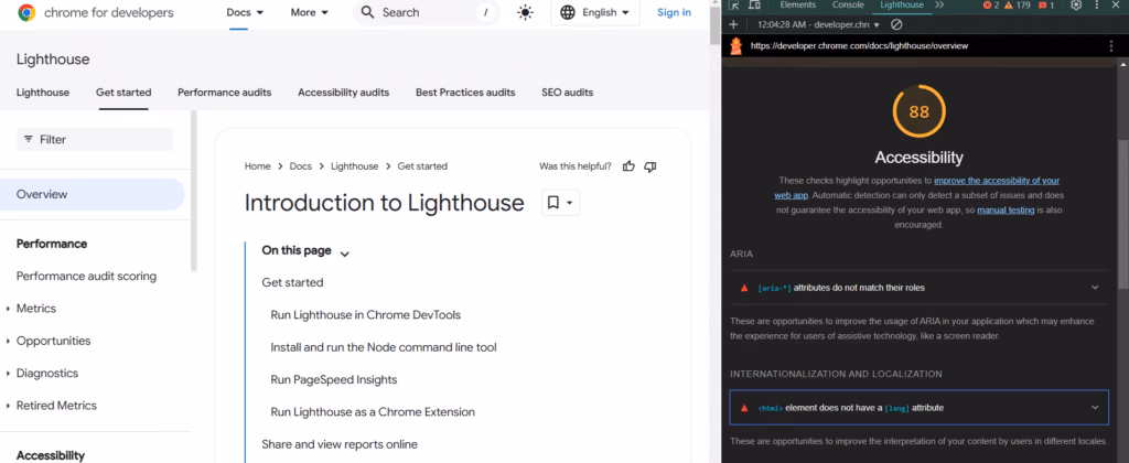 accessibility report in lighthouse