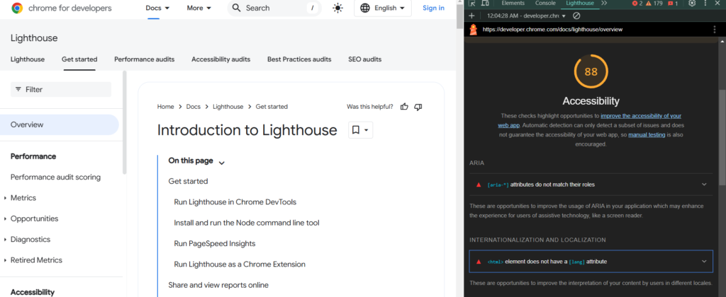 accessibility report in lighthouse